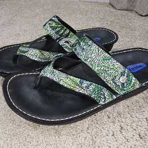 Wolky Women's Green Mosaic Strap Toe-Post Sandals